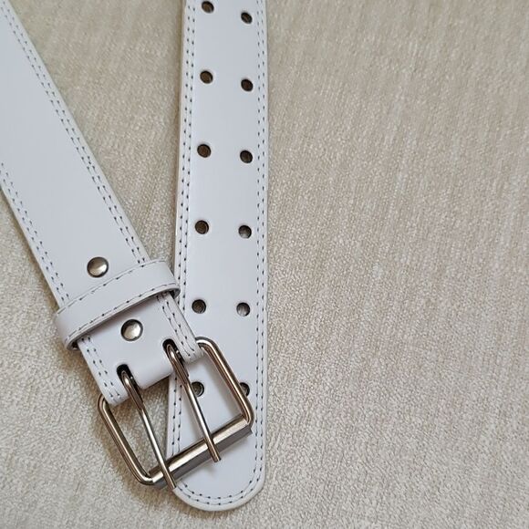 Genuine Leather Double Prong White Belt Unisex - Picture 4 of 8